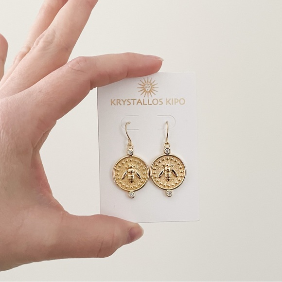 Gold Artemis bee Lira coin micropave earrings - Picture 2 of 4